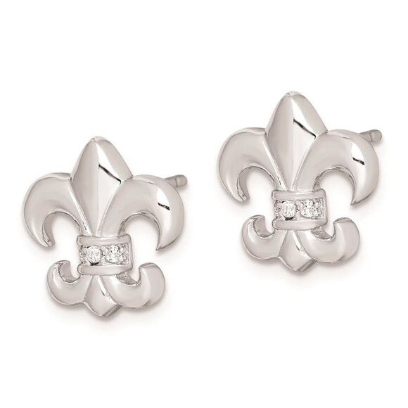 13mm Cubic Zirconia Fleur De Lis Post Earrings in Sterling Silver - Picture 2 of 5